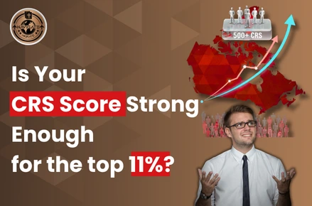 Graphic illustrating the Express Entry pool: a crowd fading at the bottom while successful candidates with a 500+ CRS score rise to the top towards a Canadian maple leaf.